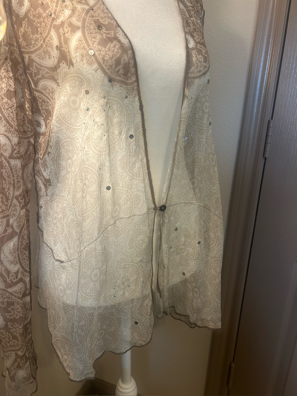 Rozae Nichols 100% Silk Sheer Rhinestone Crinkle Cardigan Jacket M - Picture 4 of 14